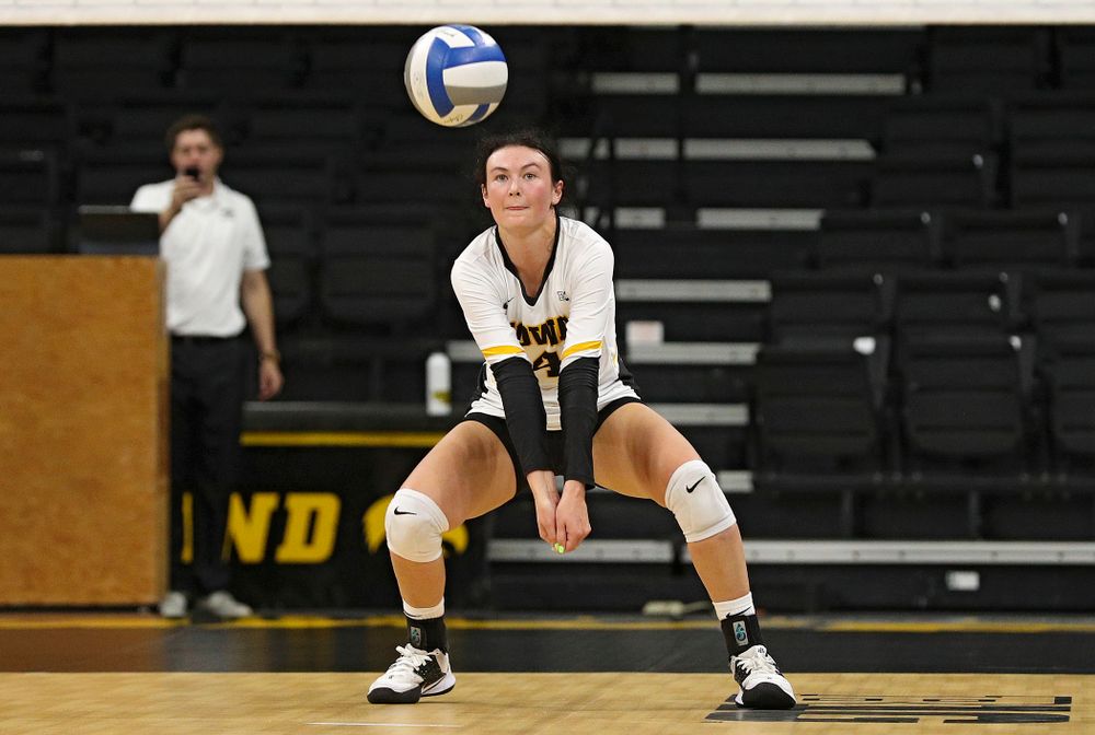 Iowa’s Halle Johnston (4) during the second set of the Black and Gold scrimmage at Carver-Hawkeye Arena in Iowa City on Saturday, Aug 24, 2019. (Stephen Mally/hawkeyesports.com)