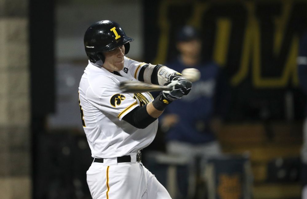 Iowa Hawkeyes catcher Austin Martin (34) doubles to drive in a run during game one against UC Irvine Friday, May 3, 2019 at Duane Banks Field. (Brian Ray/hawkeyesports.com)