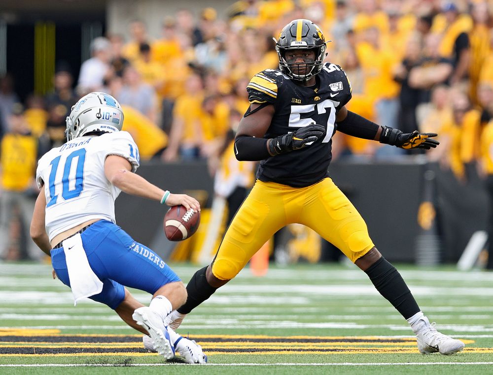 Iowa Hawkeyes defensive end Chauncey Golston (57) closes in during third quarter of their game at Kinnick Stadium in Iowa City on Saturday, Sep 28, 2019. (Stephen Mally/hawkeyesports.com)