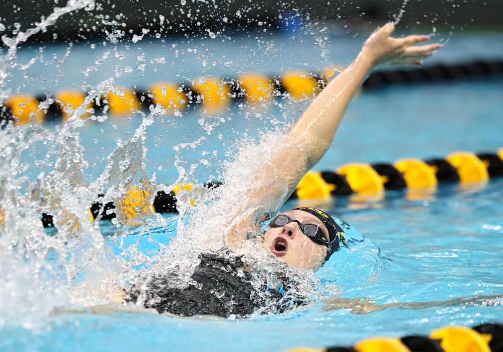 Iowa’s Emilia Sansome swims the backstroke section of the women’s 200-yard medley relay event during their meet against Michigan State and Northern Iowa at the Campus Recreation and Wellness Center in Iowa City on Friday, Oct 4, 2019. (Stephen Mally/hawkeyesports.com)