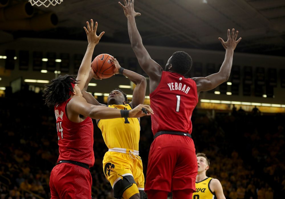 Iowa Hawkeyes guard Joe Toussaint (1) against the Rutgers Scarlet Knights  Wednesday, January 22, 2020 at Carver-Hawkeye Arena. (Brian Ray/hawkeyesports.com)