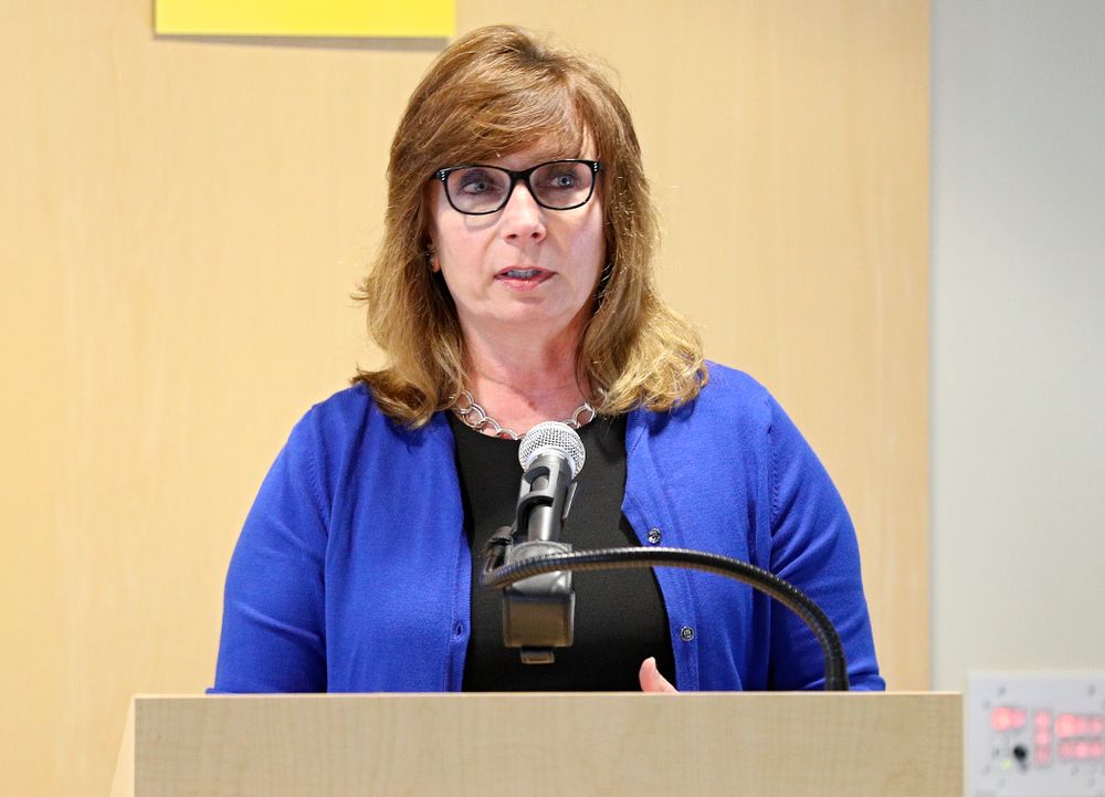 Pam Hinman, Director of Marketing and Communications at the Eastern Iowa Airport, speaks during the press conference to discuss FryFEST and announce the 2019 Iowa Athletics Hall of Fame members in the Varsity Club Room at the University of Iowa Athletics Hall of Fame in Iowa City on Tuesday, Jun 11, 2019. (Stephen Mally/hawkeyesports.com)