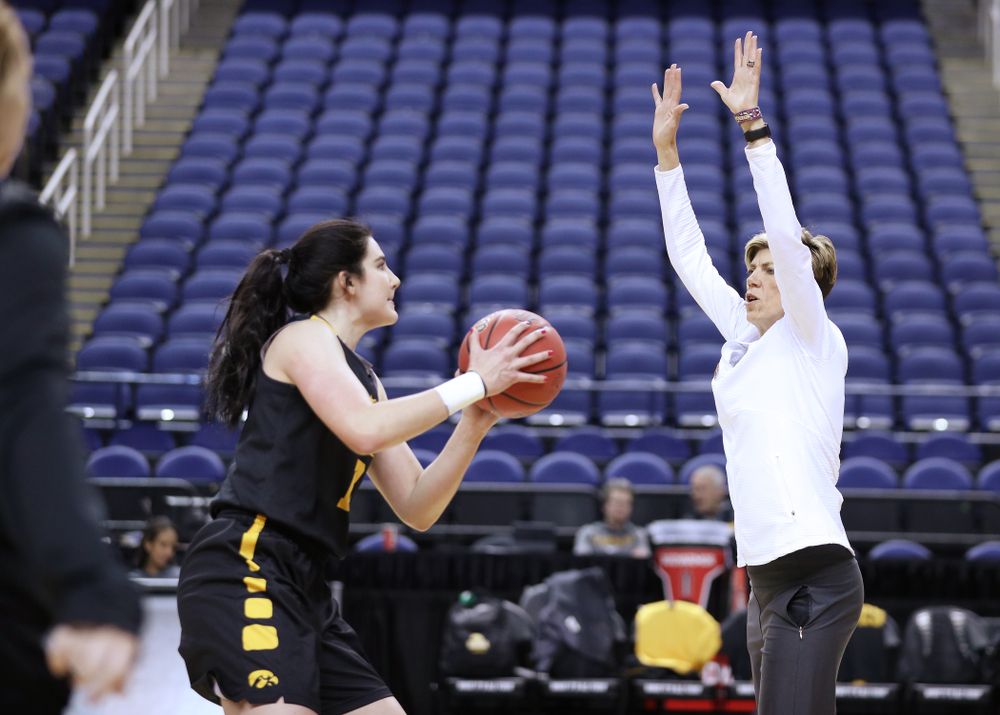 Iowa Hawkeyes forward Megan Gustafson (10) and associate head coach Jan Jensen during practice and media before the regional final of the 2019 NCAA Women's College Basketball Tournament against the Baylor Bears Sunday, March 31, 2019 at Greensboro Coliseum in Greensboro, NC.(Brian Ray/hawkeyesports.com)