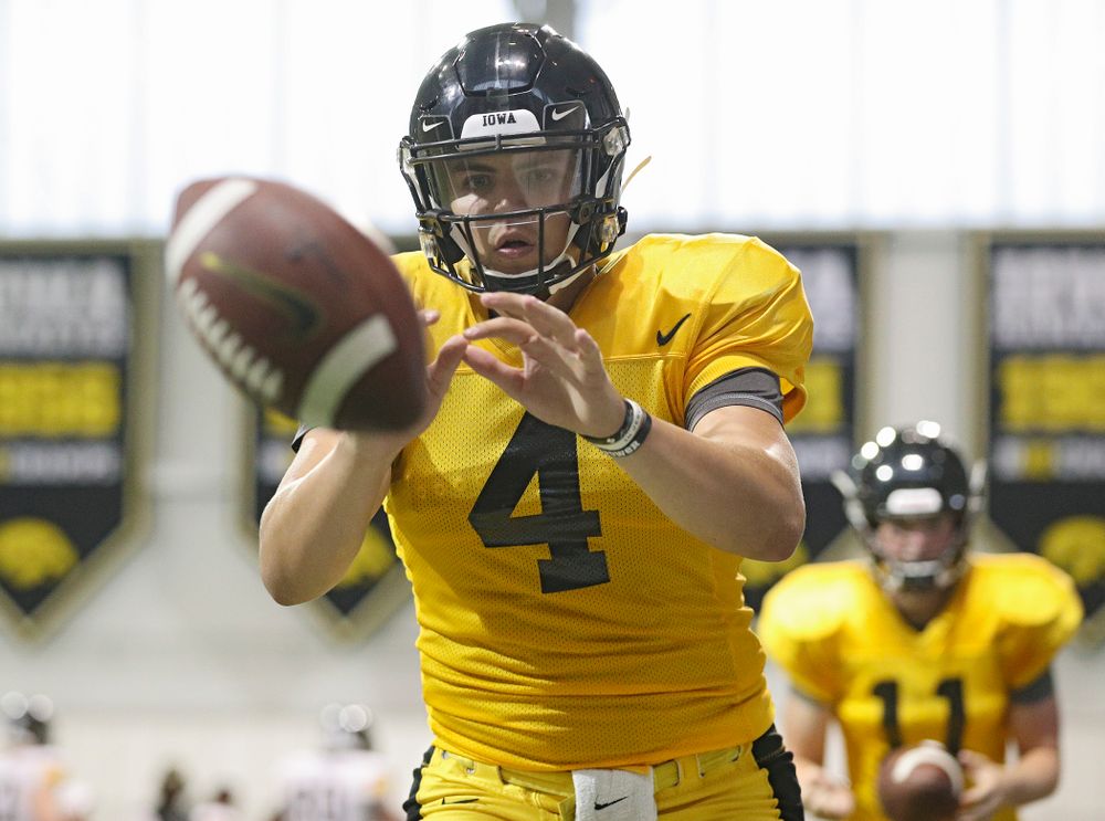 Iowa Hawkeyes quarterback Nate Stanley (4) takes a snap during Fall Camp Practice No. 6 at the Hansen Football Performance Center in Iowa City on Thursday, Aug 8, 2019. (Stephen Mally/hawkeyesports.com)