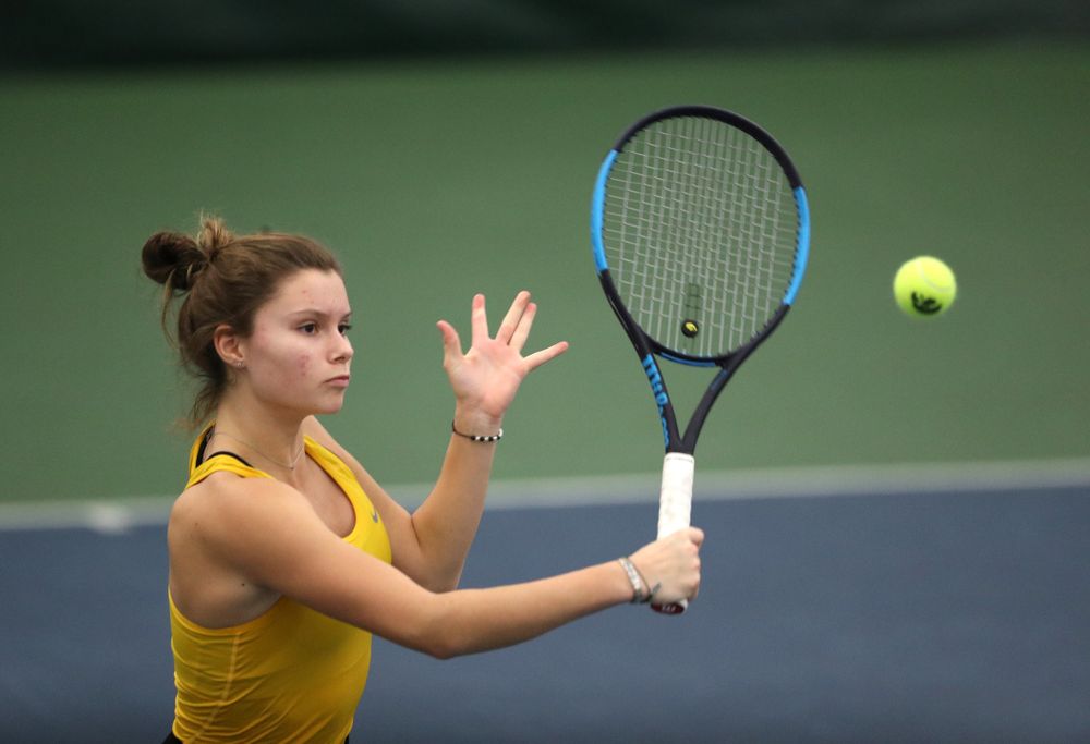 Iowa's Cloe Ruette plays a doubles match against Xavier Friday, January 18, 2019 at the Hawkeye Tennis and Recreation Center. (Brian Ray/hawkeyesports.com)