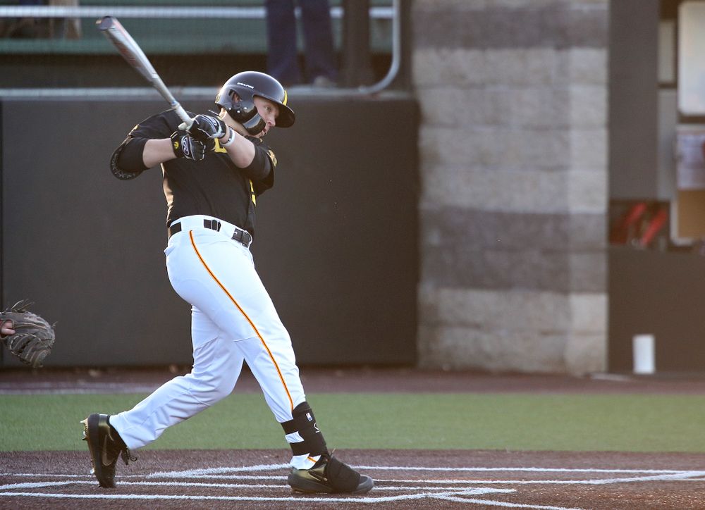 Iowa right fielder Zeb Adreon (5) drives a pitch for a hit during the third inning of their game at Duane Banks Field in Iowa City on Tuesday, March 3, 2020. (Stephen Mally/hawkeyesports.com)
