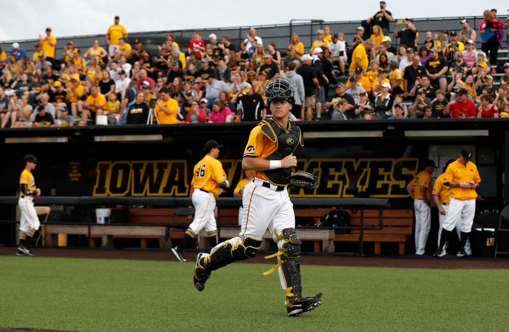 Iowa Hawkeyes catcher Tyler Cropley (5) takes the field against the Penn State Nittany Lions Saturday, May 19, 2018 at Duane Banks Field. (Brian Ray/hawkeyesports.com)