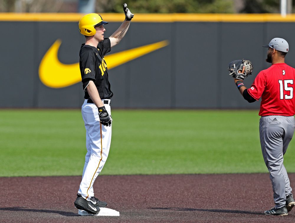 Iowa Hawkeyes right fielder Connor McCaffery (30) waves as he stands on second base after hitting a double during the fourth inning of their game against Rutgers at Duane Banks Field in Iowa City on Saturday, Apr. 6, 2019. (Stephen Mally/hawkeyesports.com)