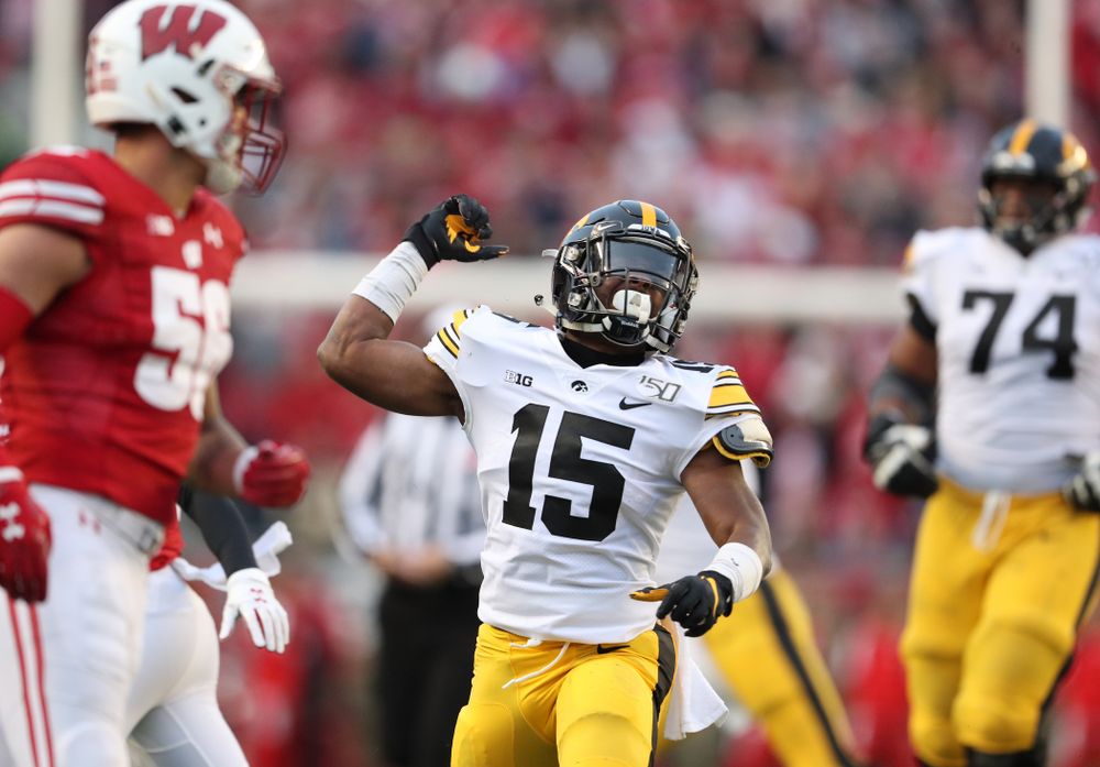 Iowa Hawkeyes running back Tyler Goodson (15) against the Wisconsin Badgers Saturday, November 9, 2019 at Camp Randall Stadium in Madison, Wisc. (Brian Ray/hawkeyesports.com)