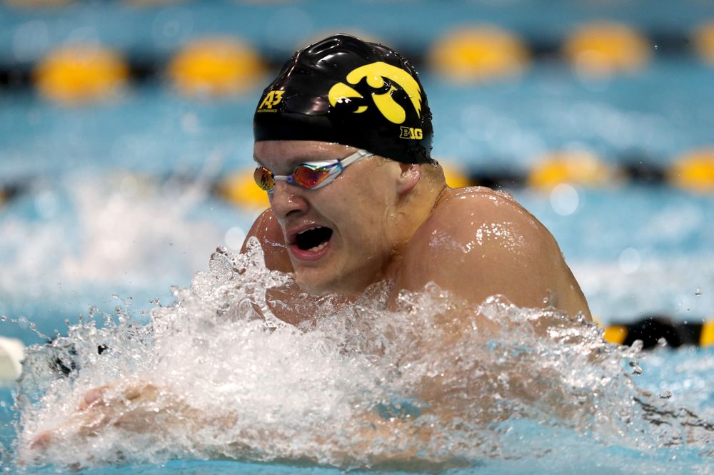 IowaÕs Will Myhre competes in the 100 yard breaststroke against Notre Dame and Illinois Saturday, January 11, 2020 at the Campus Recreation and Wellness Center.  (Brian Ray/hawkeyesports.com)