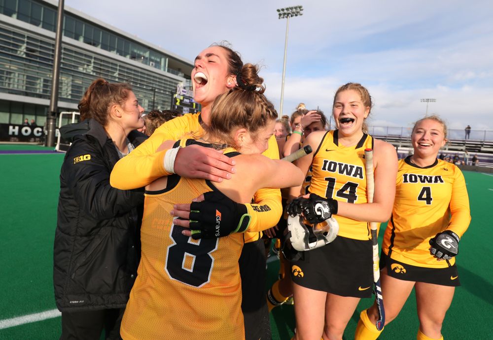 Iowa Hawkeyes Anthe Nijziel (6) and Nikki Freeman (8) celebrate their win against the Michigan Wolverines in the semi-finals of the Big Ten Tournament Friday, November 2, 2018 at Lakeside Field on the campus of Northwestern University in Evanston, Ill. (Brian Ray/hawkeyesports.com)