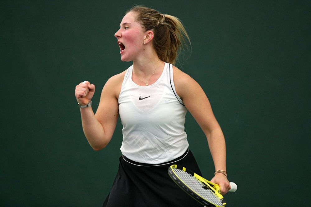 Iowa’s Danielle Burich celebrates a point during her singles match at the Hawkeye Tennis and Recreation Complex in Iowa City on Sunday, February 16, 2020. (Stephen Mally/hawkeyesports.com)