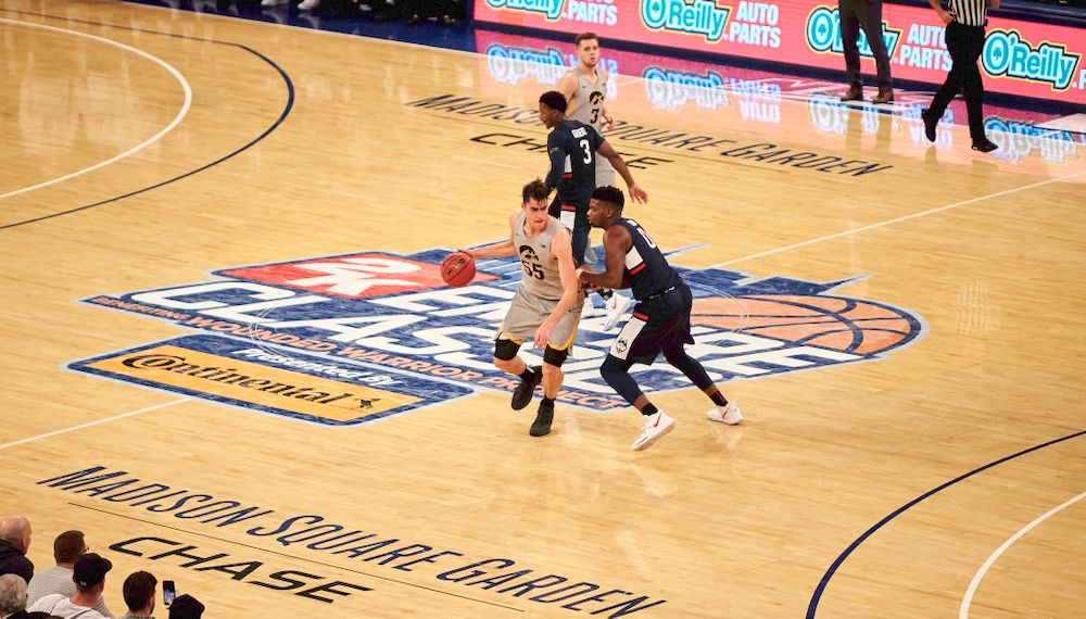 Iowa Hawkeyes forward Luka Garza (55) against UConn in the Championship game of the 2K Empire Classic Friday, November 16, 2018 at Madison Square Garden in New York City. (Duncan H.Williams/Freelance)