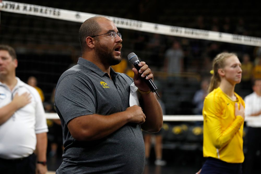 Former Hawkeye Football player Julian Vandervelde sings the National Anthem before the Iowa Hawkeyes game against the Michigan Wolverines Sunday, September 23, 2018 at Carver-Hawkeye Arena. (Brian Ray/hawkeyesports.com)