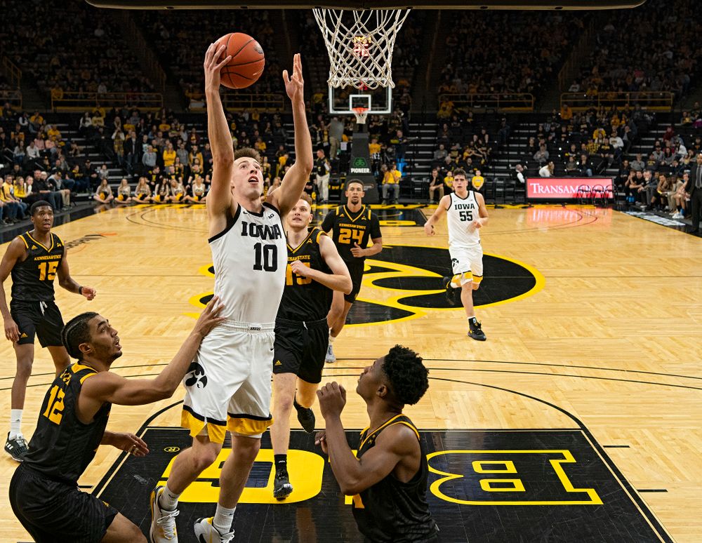 Iowa Hawkeyes guard Joe Wieskamp (10) makes a basket during the second half of their their game at Carver-Hawkeye Arena in Iowa City on Sunday, December 29, 2019. (Stephen Mally/hawkeyesports.com)