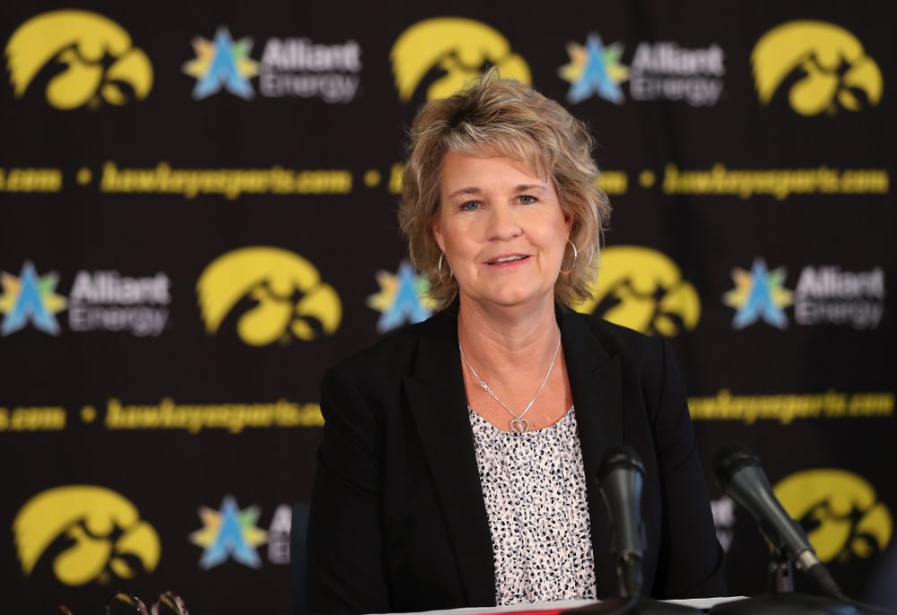 Iowa Hawkeyes head coach Lisa Bluder  addresses reporters during the team's annual media day Wednesday, October 31, 2018 at Carver-Hawkeye Arena. (Brian Ray/hawkeyesports.com)