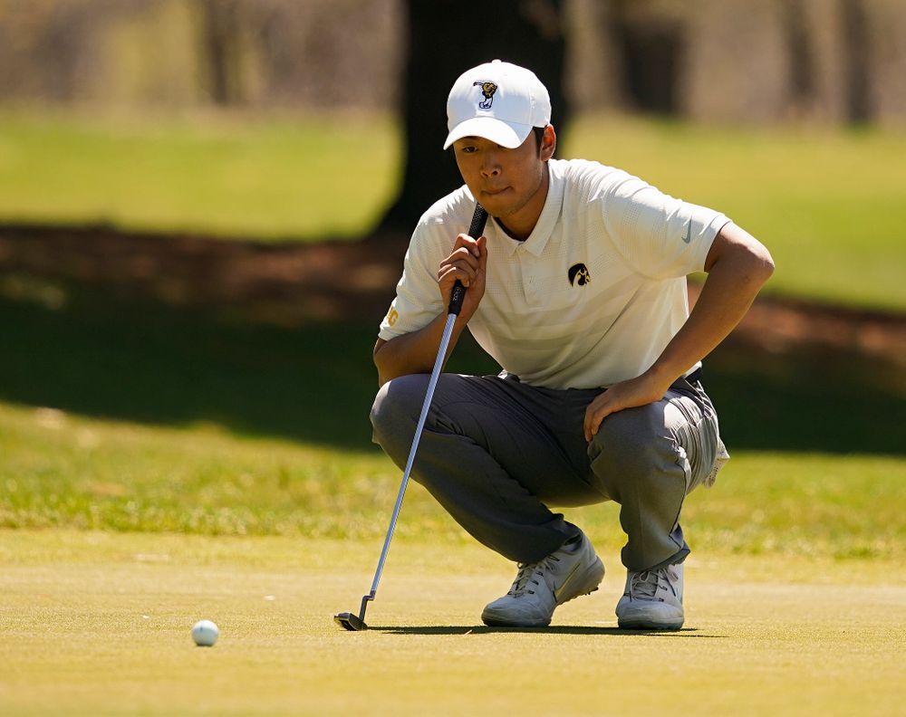 Iowa's Joe Kim lines up a putt during the first round of the Hawkeye Invitational at Finkbine Golf Course in Iowa City on Saturday, Apr. 20, 2019. (Stephen Mally/hawkeyesports.com)