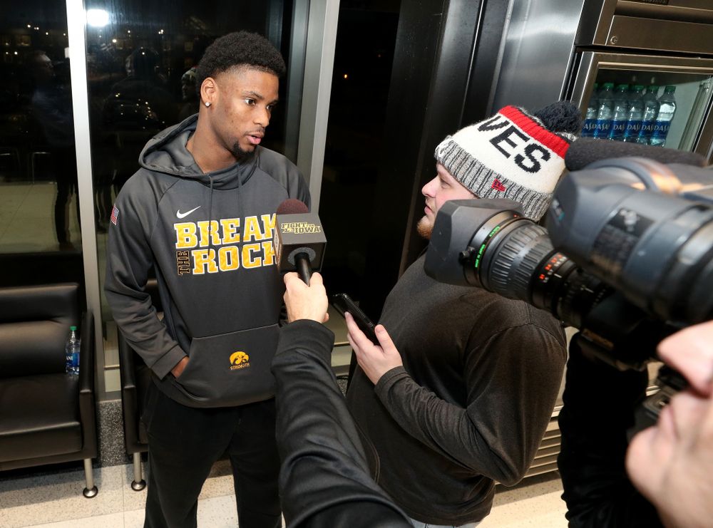 Iowa Hawkeyes wide receiver Ihmir Smith-Marsette (6) answers questions from the media on the Hawkeyes selection to face USC in the 2019 Holiday Bowl Sunday, December 8, 2019 at the Hansen Football Performance Center. (Brian Ray/hawkeyesports.com)