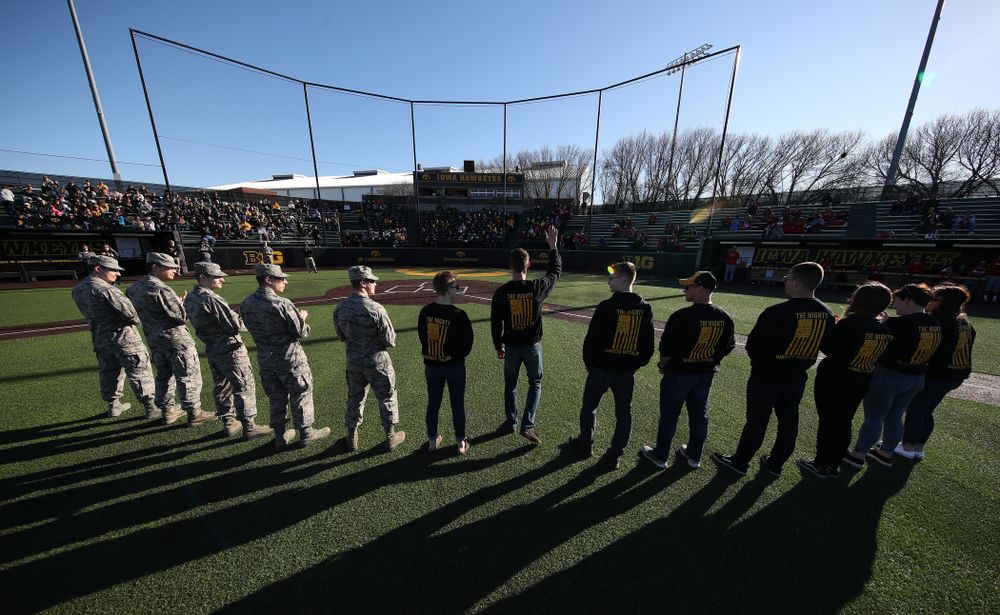 Members of the University of Iowa ROTC are honored before the Iowa Hawkeyes game against the Nebraska Cornhuskers on Military Appreciation Night Friday, April 19, 2019 at Duane Banks Field. (Brian Ray/hawkeyesports.com)