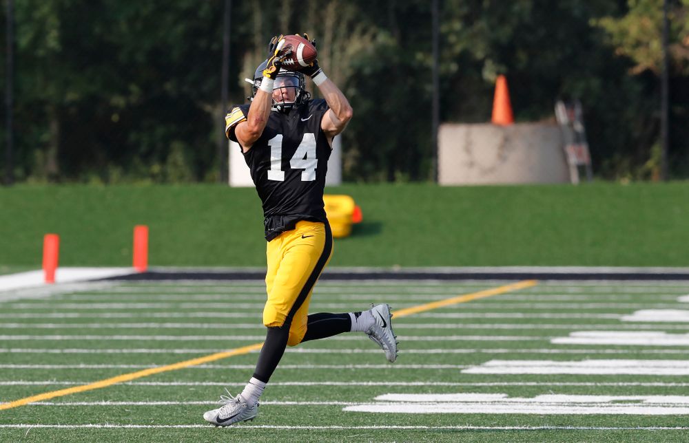 Iowa Hawkeyes wide receiver Kyle Groeneweg (14) during camp practice No. 16 Tuesday, August 21, 2018 at the Hansen Football Performance Center. (Brian Ray/hawkeyesports.com)