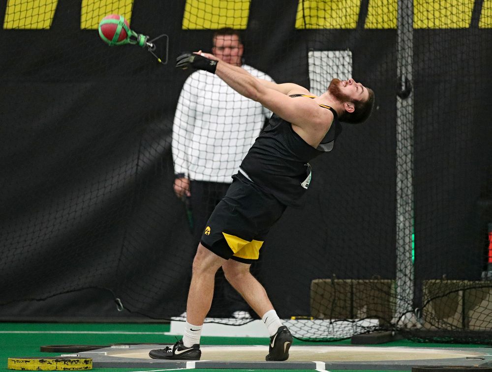 Iowa’s Tyler Lienau throws in the men’s weight throw event during the Larry Wieczorek Invitational at the Hawkeye Tennis and Recreation Complex in Iowa City on Friday, January 17, 2020. (Stephen Mally/hawkeyesports.com)