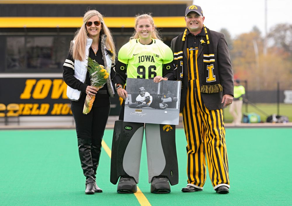 Iowa’s Leslie Speight (96) in honored with her parents on Senior Day before their game at Grant Field in Iowa City on Saturday, Oct 26, 2019. (Stephen Mally/hawkeyesports.com)