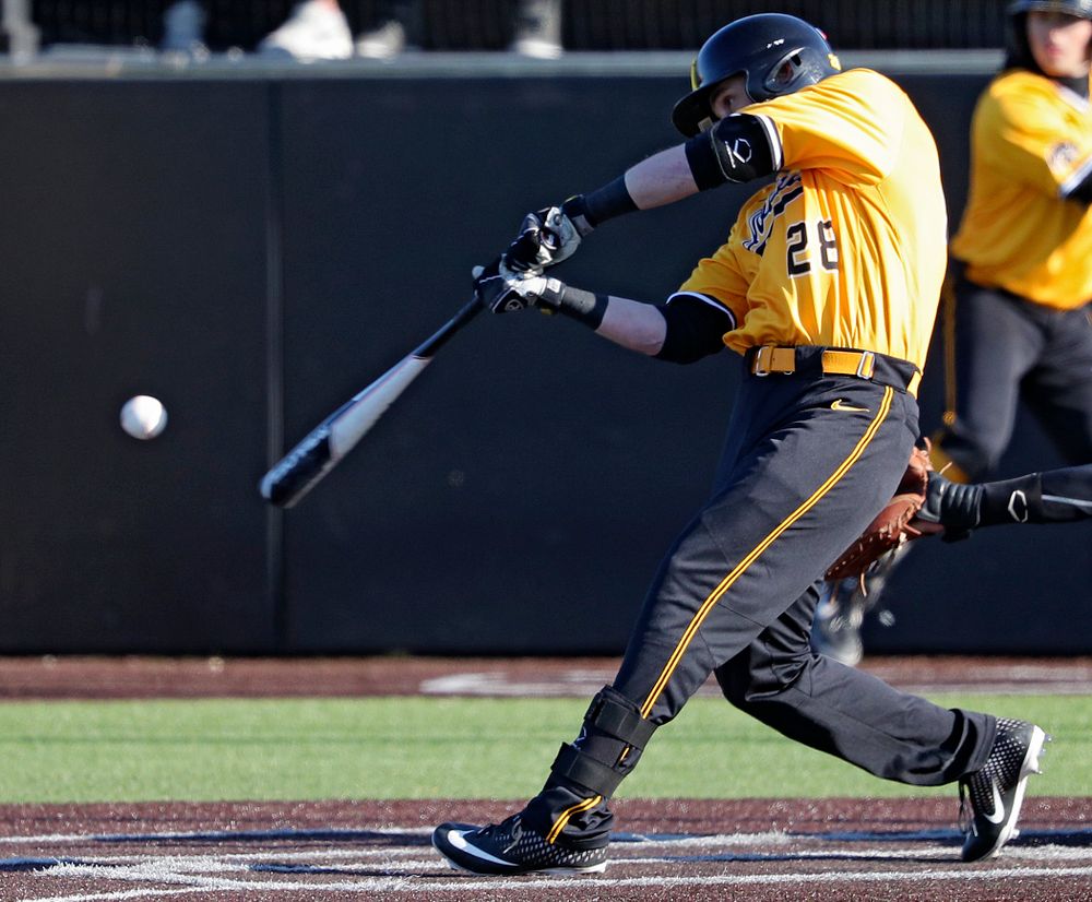 Iowa Hawkeyes left fielder Chris Whelan (28) bats during the fourth inning of their game at Duane Banks Field in Iowa City on Tuesday, Apr. 2, 2019. (Stephen Mally/hawkeyesports.com)