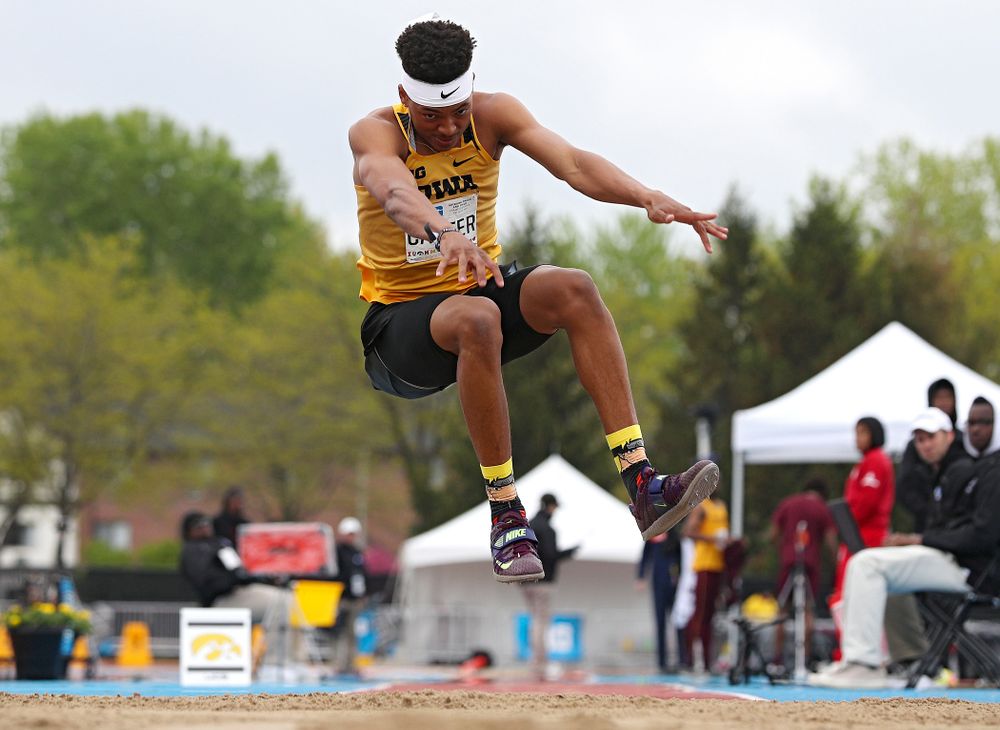 Iowa's James Carter jumps in the men’s triple jump event on the third day of the Big Ten Outdoor Track and Field Championships at Francis X. Cretzmeyer Track in Iowa City on Sunday, May. 12, 2019. (Stephen Mally/hawkeyesports.com)