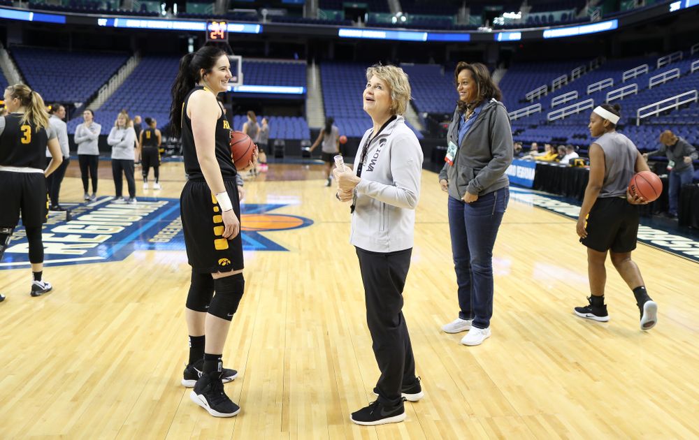 Iowa Hawkeyes forward Megan Gustafson (10) and head coach Lisa Bluder during media and practice as they prepare for their Sweet 16 matchup against NC State Friday, March 29, 2019 at the Greensboro Coliseum in Greensboro, NC.(Brian Ray/hawkeyesports.com)
