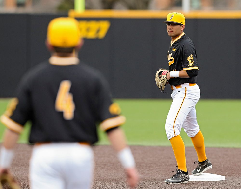 Iowa Hawkeyes shortstop Matthew Sosa (31) steps on second base to complete a double play during the third inning of their game against Illinois State at Duane Banks Field in Iowa City on Wednesday, Apr. 3, 2019. (Stephen Mally/hawkeyesports.com)