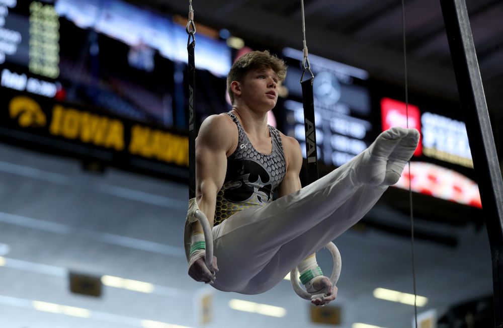 Iowa’s Stewart Brown competes on the Rings against UIC and Minnesota Saturday, February 1, 2020 at Carver-Hawkeye Arena. (Brian Ray/hawkeyesports.com)