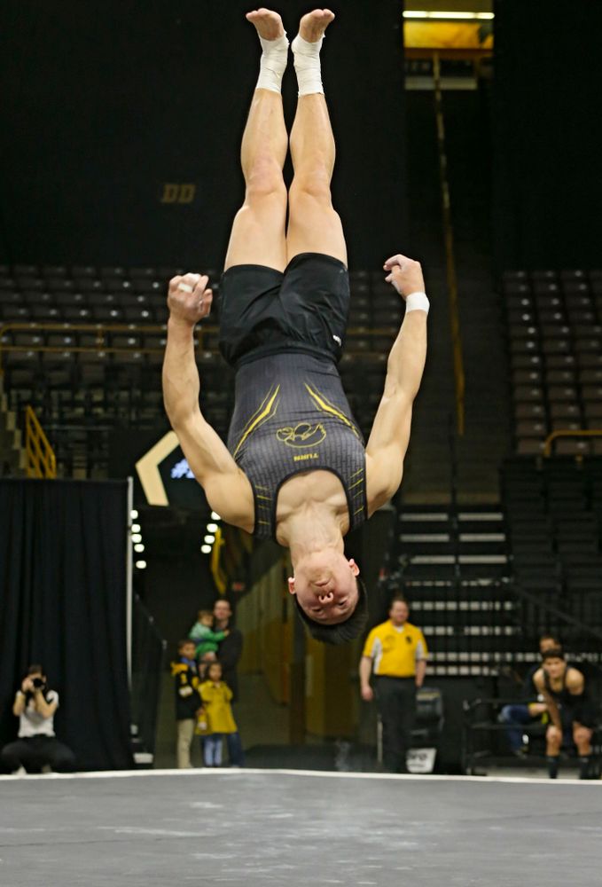 Iowa's Bennet Huang competes in the floor against Ohio State at Caver-Hawkeye Arena in Iowa City on Saturday, Mar. 16, 2019. (Stephen Mally for HawkeyeSports.com)