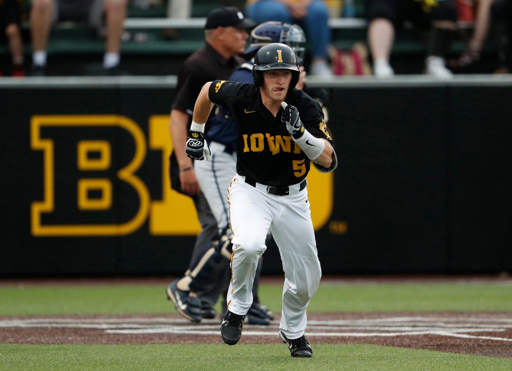 Iowa Hawkeyes catcher Tyler Cropley (5) singles to drive in a pair of runs against the Penn State Nittany Lions Friday, May 18, 2018 at Duane Banks Field. (Brian Ray/hawkeyesports.com)