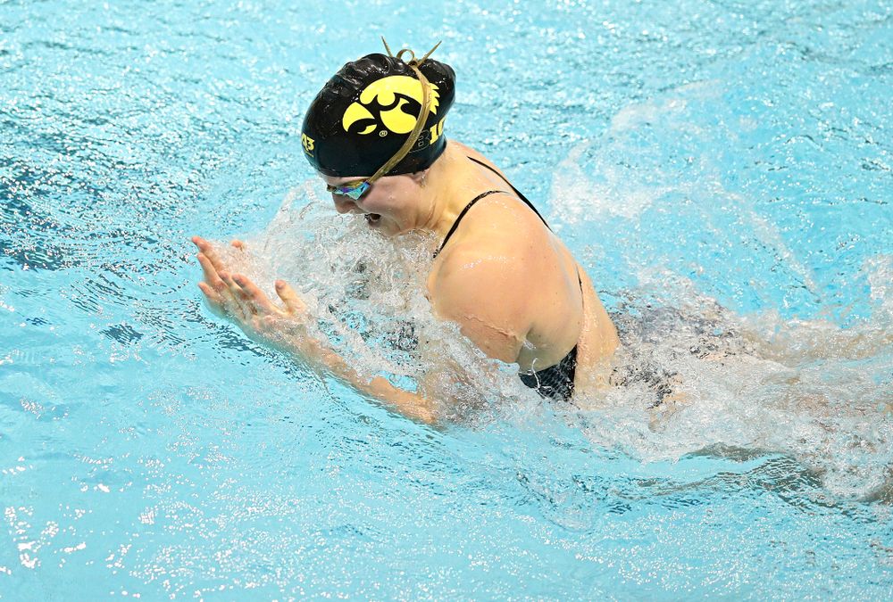 Iowa’s Cc Crane swims the women’s 100 yard individual medley event during their meet at the Campus Recreation and Wellness Center in Iowa City on Friday, February 7, 2020. (Stephen Mally/hawkeyesports.com)