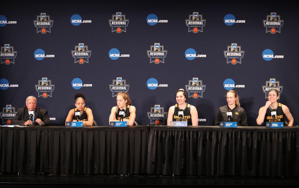Iowa Hawkeyes guard Tania Davis (11), guard Kathleen Doyle (22), forward Megan Gustafson (10), guard Makenzie Meyer (3), and forward Hannah Stewart (21) during practice and media before the regional final of the 2019 NCAA Women's College Basketball Tournament against the Baylor Bears Sunday, March 31, 2019 at Greensboro Coliseum in Greensboro, NC.(Brian Ray/hawkeyesports.com)