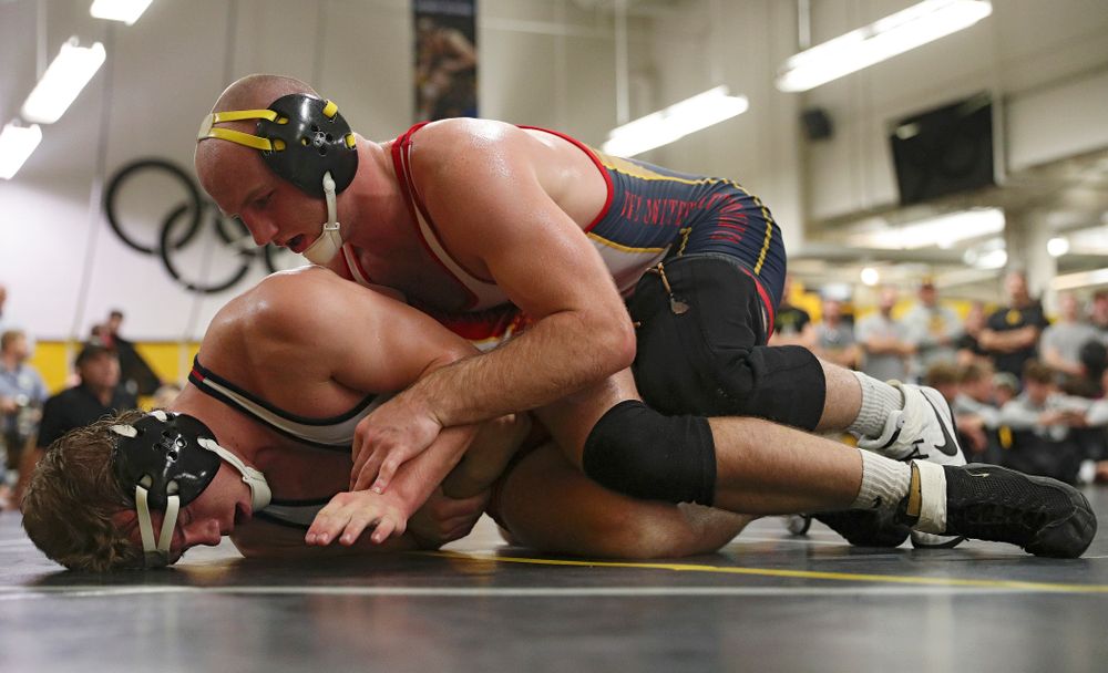 Iowa’s Alex Marinelli (top) works on top of Joe Kelly during their preseason match at the Dan Gable Wrestling Complex at Carver-Hawkeye Arena in Iowa City on Friday, Nov 8, 2019. (Stephen Mally/hawkeyesports.com)