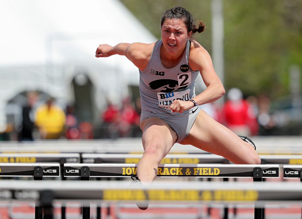 Iowa's Jenny Kimbro runs the 100 meter hurdles during the women's heptathlon event on the first day of the Big Ten Outdoor Track and Field Championships at Francis X. Cretzmeyer Track in Iowa City on Friday, May. 10, 2019. (Stephen Mally/hawkeyesports.com)