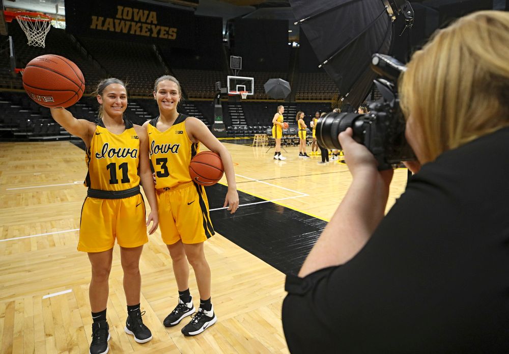 Iowa  guard Megan Meyer (11) and guard Makenzie Meyer (3) pose for a picture during Iowa Women’s Basketball Media Day at Carver-Hawkeye Arena in Iowa City on Thursday, Oct 24, 2019. (Stephen Mally/hawkeyesports.com)