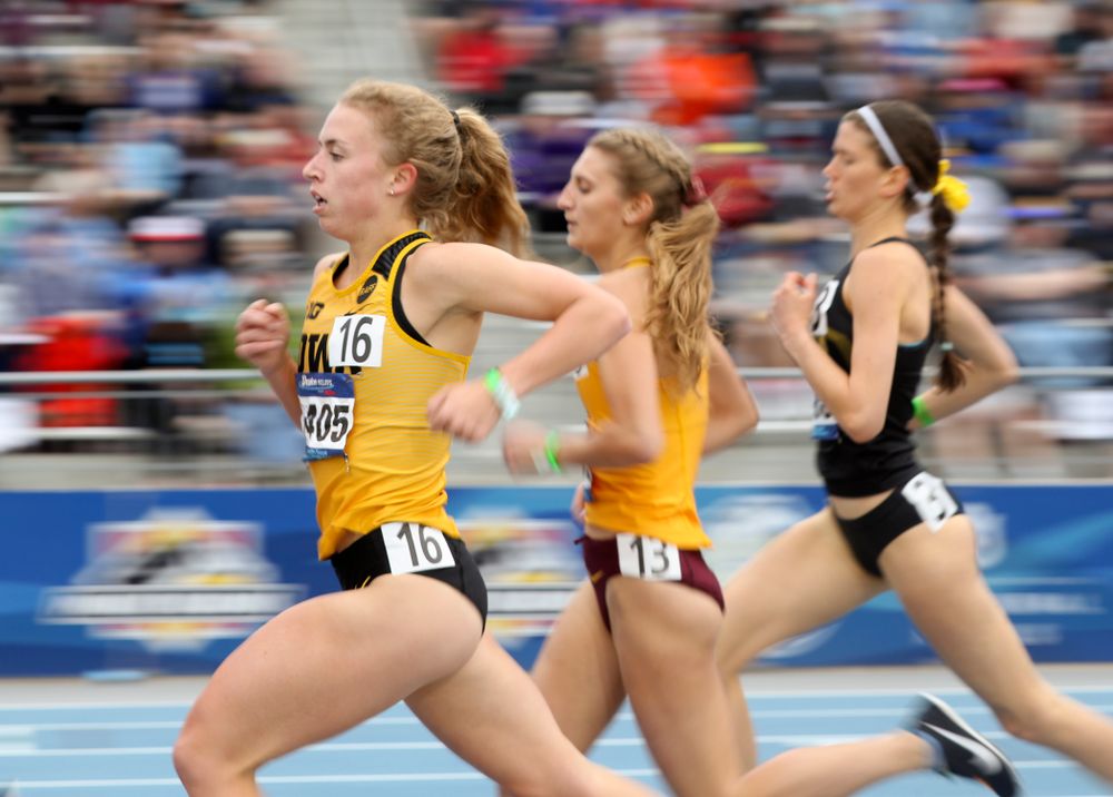 Iowa's Megan Schott runs the women's 1500 meter run event during the second day of the Drake Relays at Drake Stadium in Des Moines on Friday, Apr. 26, 2019. (Stephen Mally/hawkeyesports.com)