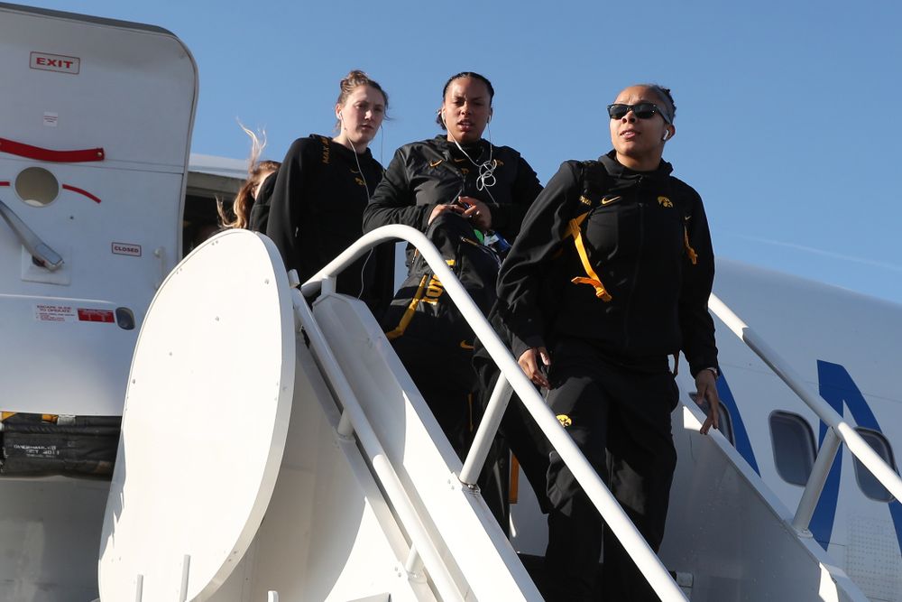 Iowa Hawkeyes guard Tania Davis (11) arrives in Greensboro, NC for the Regionals of the 2019 NCAA Women's Basketball Championships Thursday, March 28, 2019 at the Eastern Iowa Airport. (Brian Ray/hawkeyesports.com)
