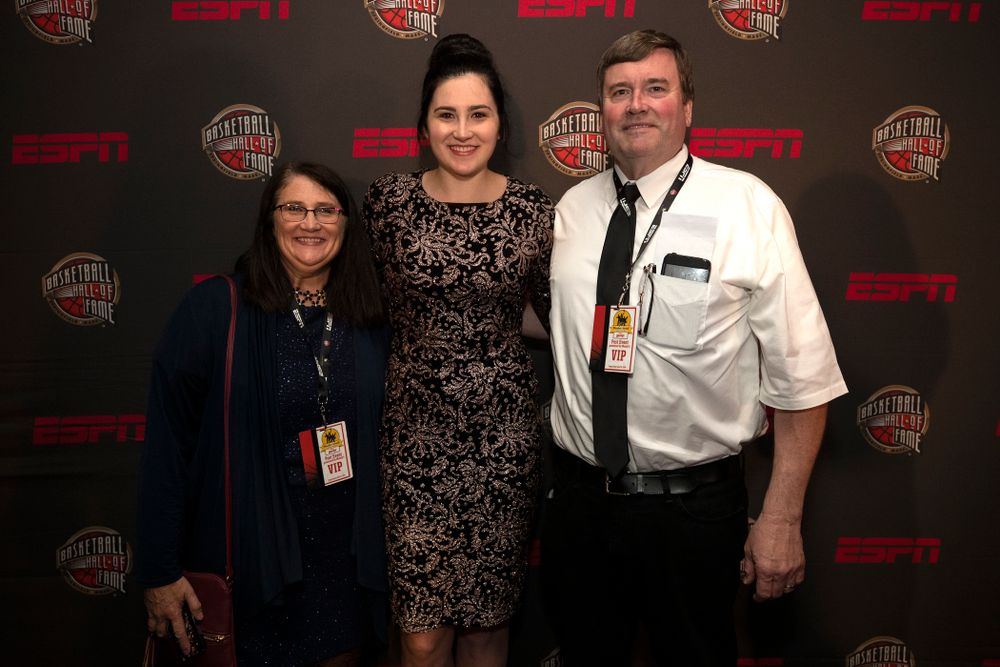 Iowa Hawkeyes forward Megan Gustafson (10) and her parents on the red carpet before the ESPN College Basketball Awards show Friday, April 12, 2019 at The Novo at LA Live.  (Brian Ray/hawkeyesports.com)