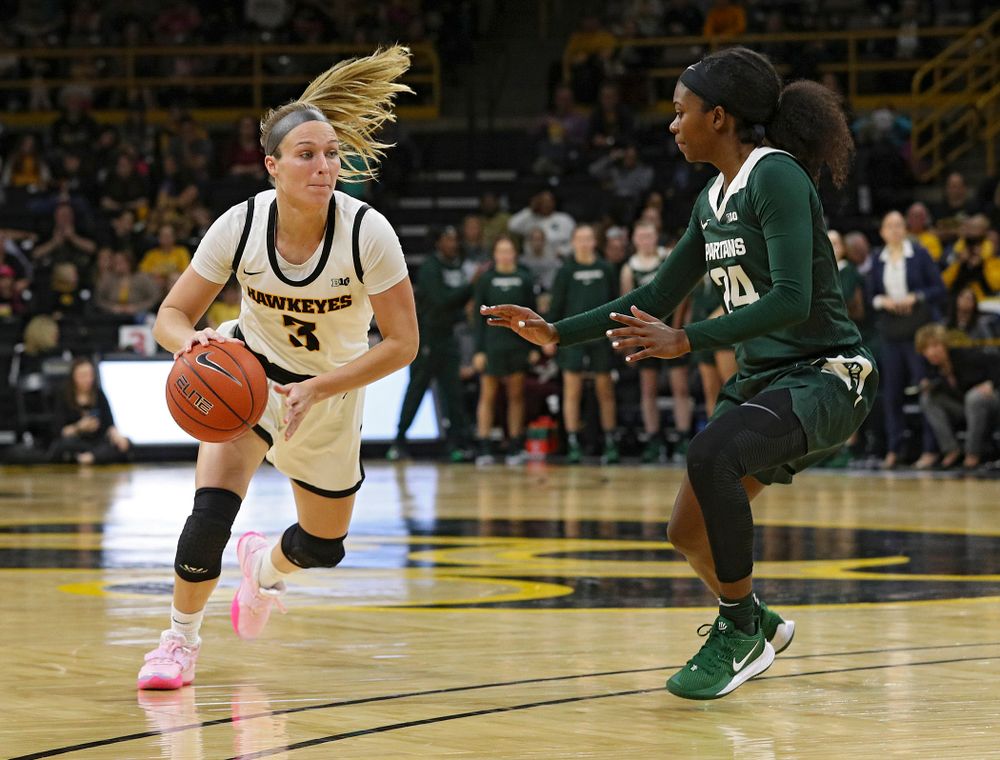 Iowa Hawkeyes guard Makenzie Meyer (3) drives with the ball during the third quarter of their game at Carver-Hawkeye Arena in Iowa City on Sunday, January 26, 2020. (Stephen Mally/hawkeyesports.com)