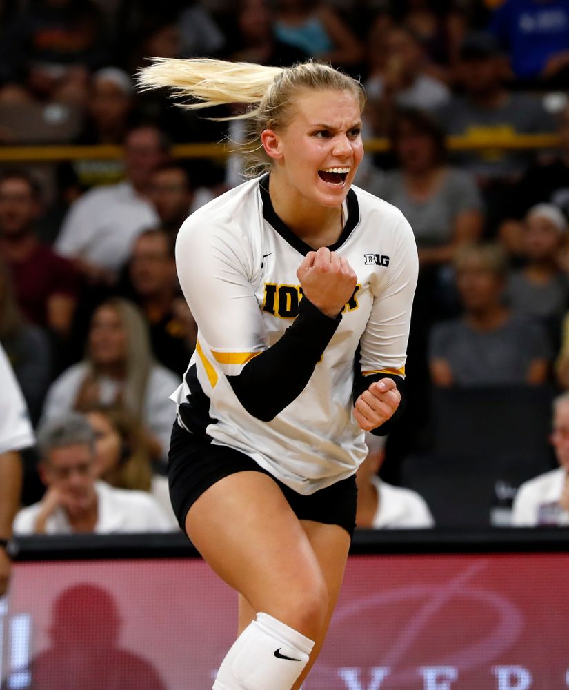 Iowa Hawkeyes right side hitter Reghan Coyle (8) against Eastern Illinois Sunday, September 9, 2018 at Carver-Hawkeye Arena. (Brian Ray/hawkeyesports.com)