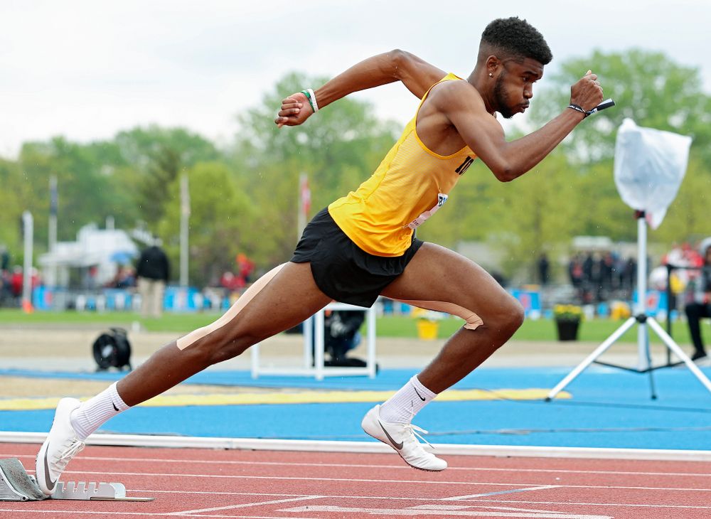 Iowa's Raymonte Dow runs the men’s 400 meter hurdles event on the third day of the Big Ten Outdoor Track and Field Championships at Francis X. Cretzmeyer Track in Iowa City on Sunday, May. 12, 2019. (Stephen Mally/hawkeyesports.com)