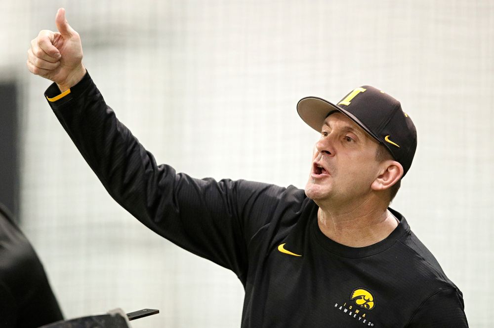 Iowa Hawkeyes head coach Rick Heller motions to his players during practice at the Hansen Football Performance Center in Iowa City on Friday, January 24, 2020. (Stephen Mally/hawkeyesports.com)