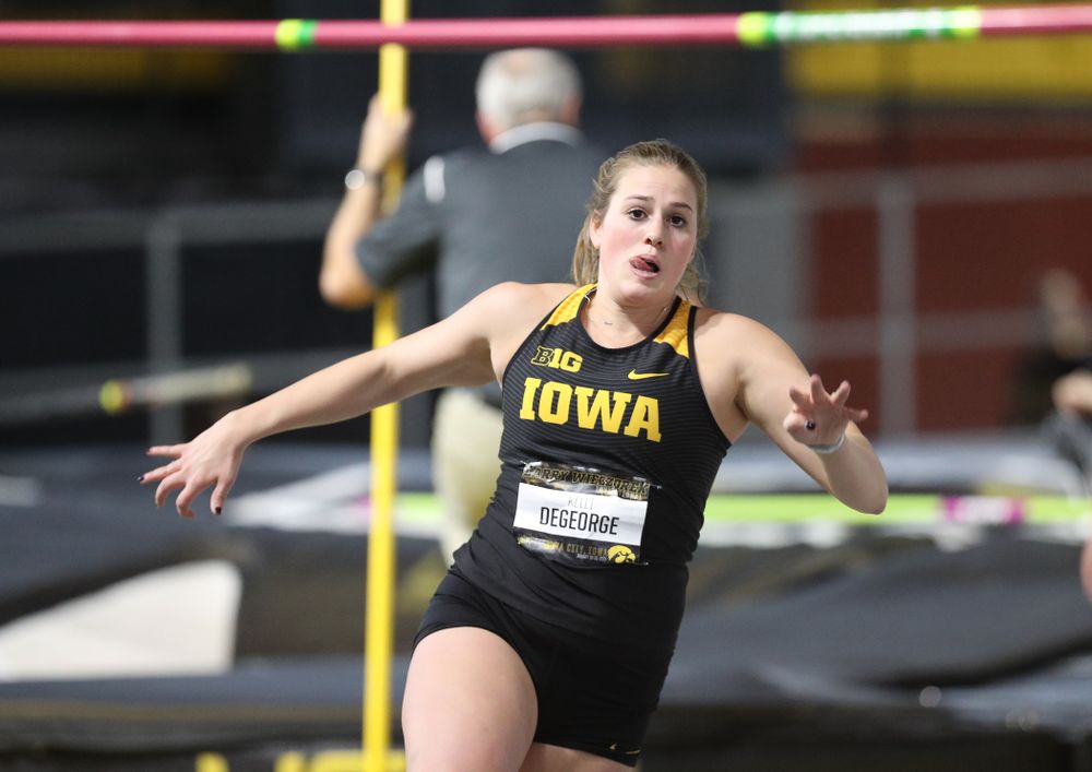 Iowa's Kelli DeGeorge competes in the high jump during the 2019 Larry Wieczorek Invitational  Friday, January 18, 2019 at the Hawkeye Tennis and Recreation Center. (Brian Ray/hawkeyesports.com)