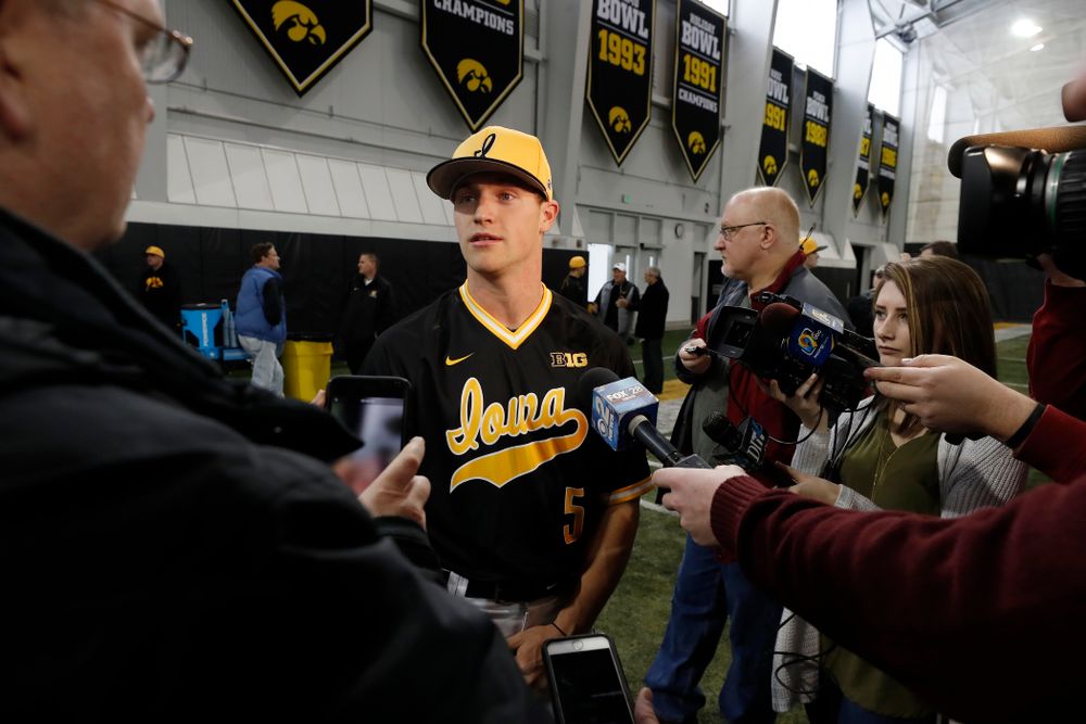 Iowa Hawkeyes catcher Tyler Cropley (5) answers questions from reporters during the team's annual media day Thursday, February 8, 2018 in the indoor practice facility. (Brian Ray/hawkeyesports.com)