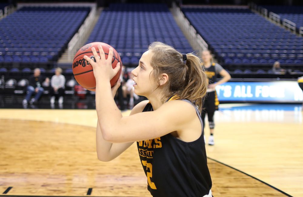 Iowa Hawkeyes guard Kathleen Doyle (22) during media and practice as they prepare for their Sweet 16 matchup against NC State Friday, March 29, 2019 at the Greensboro Coliseum in Greensboro, NC.(Brian Ray/hawkeyesports.com)