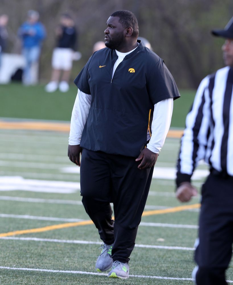 Defensive Line coach Kelvin Bell during the teamÕs final spring practice Friday, April 26, 2019 at the Kenyon Football Practice Facility. (Brian Ray/hawkeyesports.com)