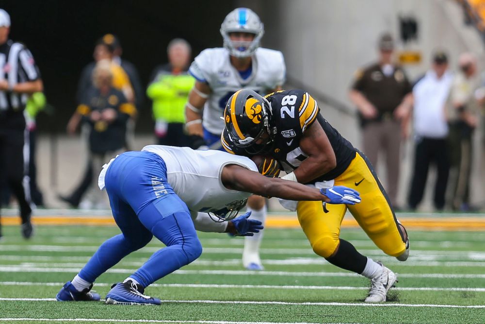 Iowa Hawkeyes running back Toren Young (28) against Middle Tennessee Saturday, September 28, 2019 at Kinnick Stadium. (Lily Smith/hawkeyesports.com)